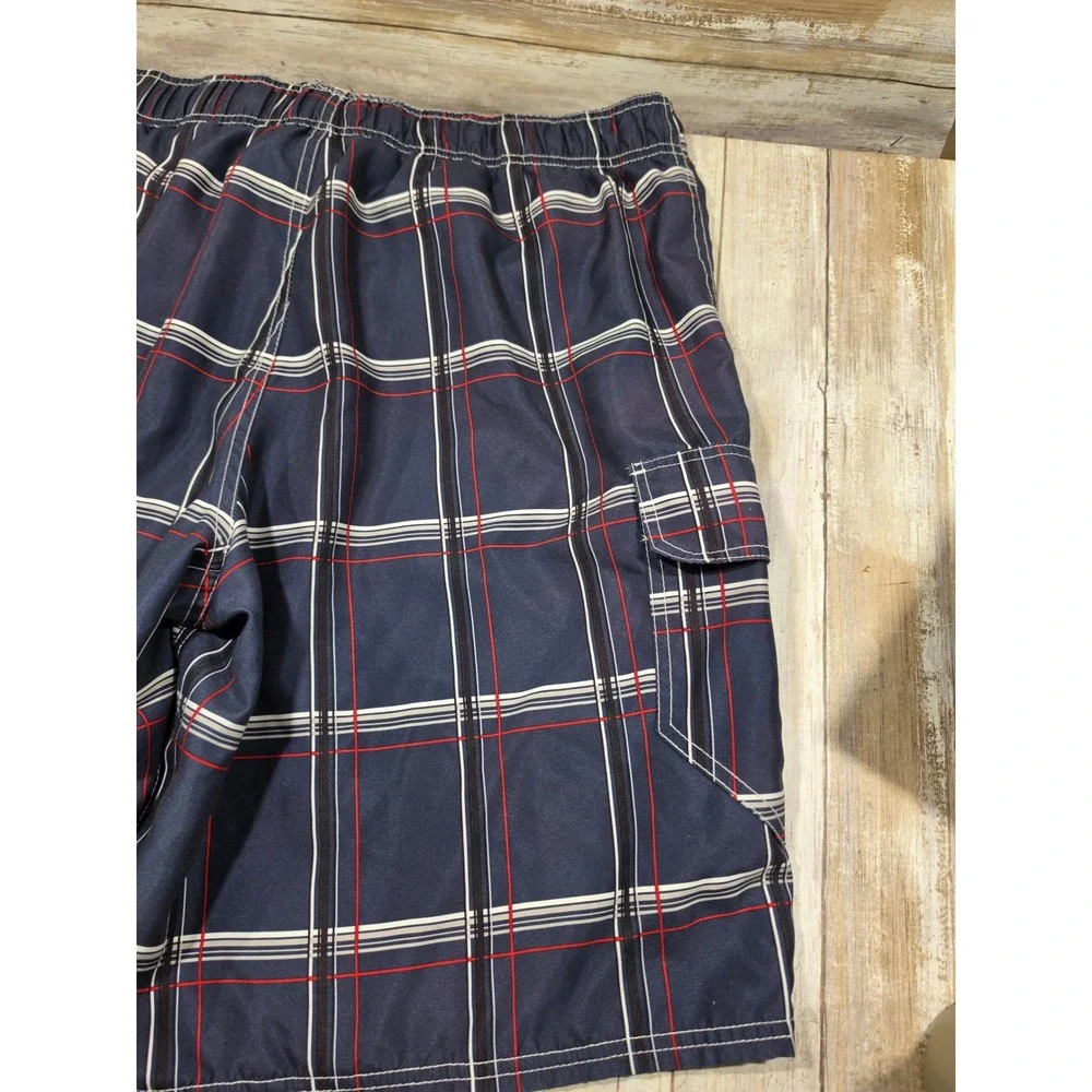 OP Ocean Pacific Mens Plaid Swim Trunks‎ Navy Blue Cargo Board Shorts L 36-38